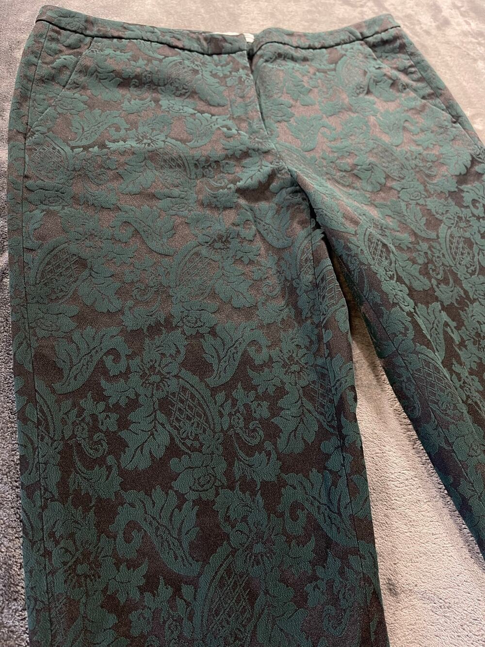 Teal Black Floral Jacquard Pants Womens 8 Quinn Fit Ankle Trousers Brocade